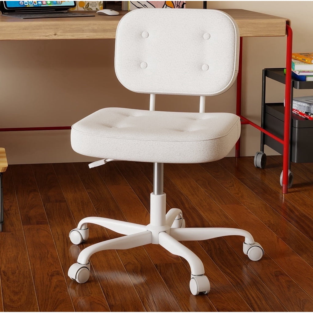 YERAIRR Armless Office Chair with Wide Seat,Teddy Fleece Fabric Computer Desk Chair Thickened Cushion Vanity Chair White